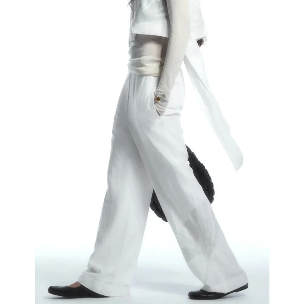 COS Embroidered Wide-Leg Pants Women Ivory with Silver SZ 14